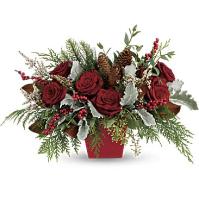 Deck the halls, and table, with this artisanal mix of winter greens, berries and roses, artfully arranged in a tapered red cube.