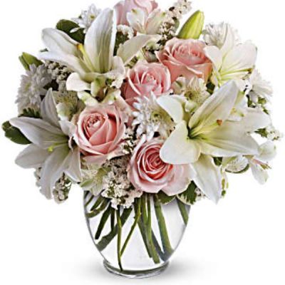 <div id="mark-3" class="m-pdp-tabs-marketing-description">Express your love with the eloquence of Shakespeare - without saying a word. She'll adore this exquisite bouquet of roses and lilies and other pastel favorites in a classic ginger vase. And she'll know just the words to let you know.</div>
 
<div id="desc-3">
<ul>
 	<li>Light pink roses, white asiatic lilies, white alstroemeria and white cushion spray chrysanthemums are mixed with white statice and variegated pittosporum in a clear, rounded vase.</li>
</ul>
</div>