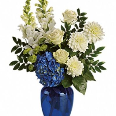 <div class="m-pdp-tabs-description">
<div id="mark-2" class="m-pdp-tabs-marketing-description">Sending this brilliant blue and white bouquet will surely garner oceans of appreciation from whoever receives it.</div>
</div>
<p id="arrngDescp">Dazzling blue hydrangea, green roses and button spray chrysanthemums, divine white dahlias and snapdragons plus huckleberry arrive in a striking cobalt vase.</p>